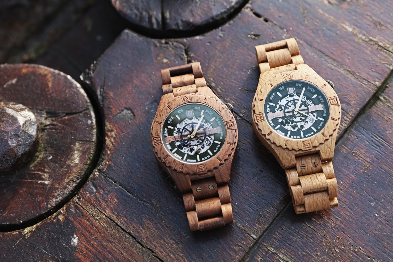 Lumbr Troy Wood Watch with visible Automatic movement