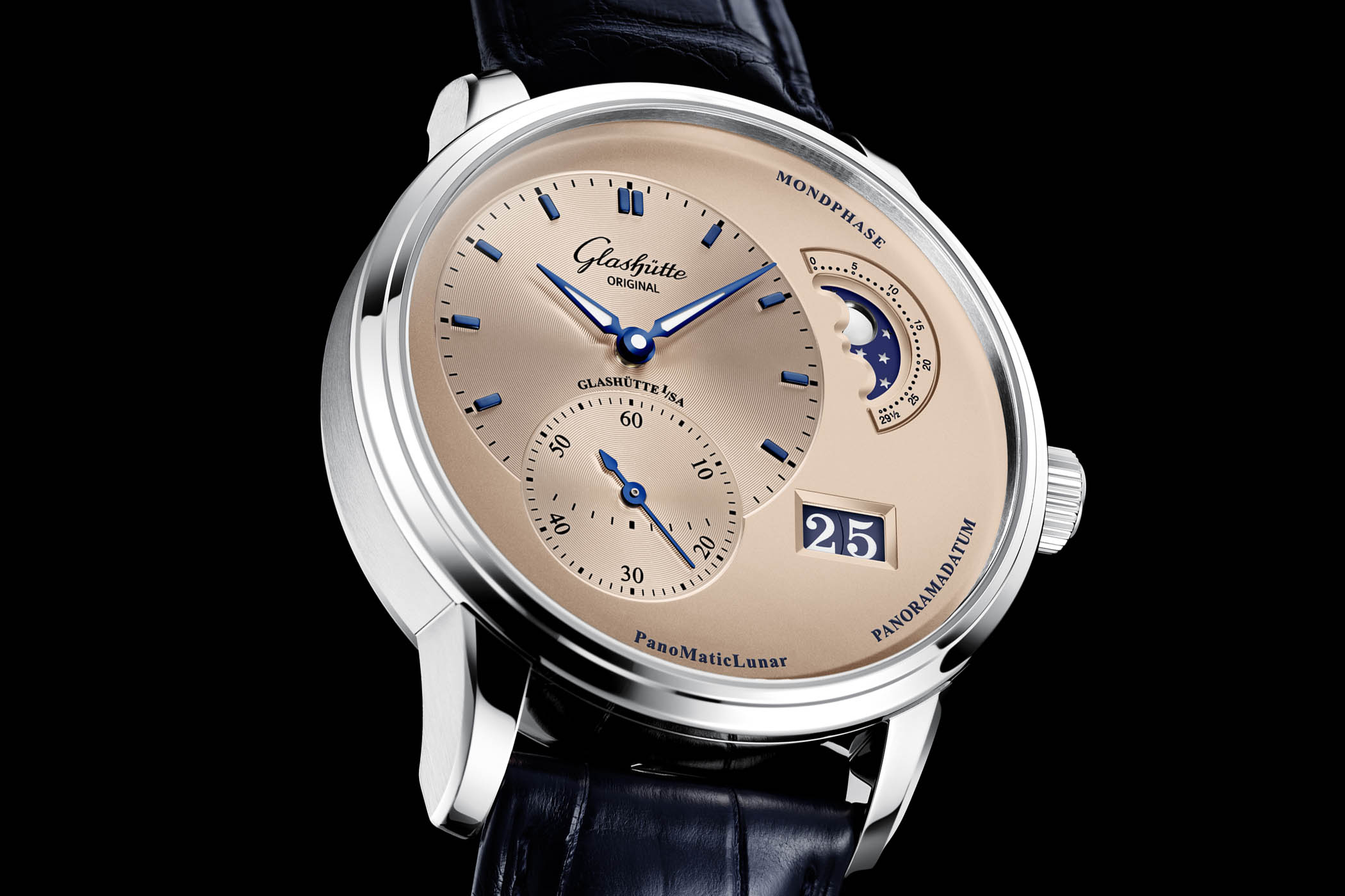 Glashutte Original PanoMaticLunar Salmon Rose Opaline Dial Steel case Limited Edition