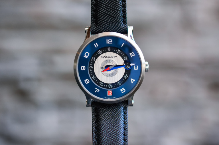 SNGLRTY Blue Steel OHI-4 patented display watch independent watchmaking
