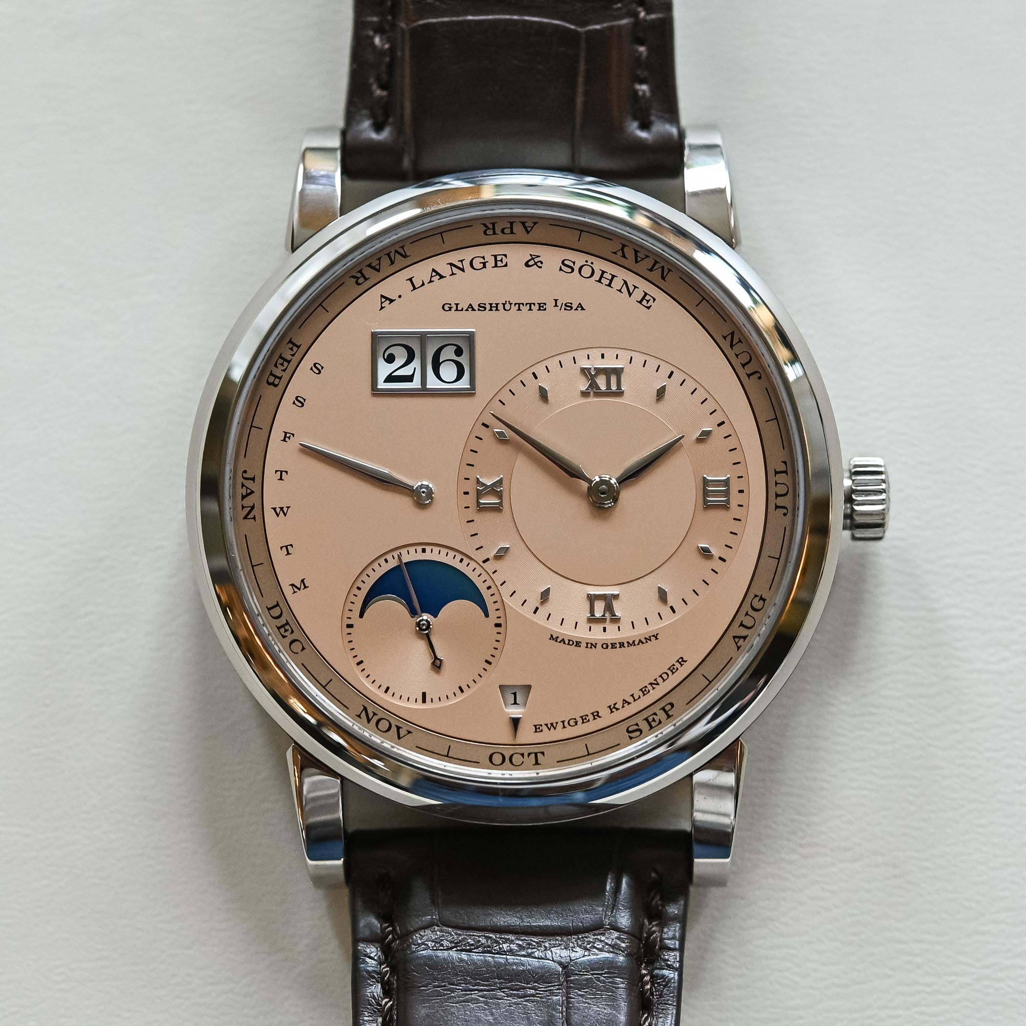 A Lange Sohne Lange 1 Perpetual Calendar White Gold Salmon Pink Gold Dial - 345.056 - review - 13 A. Lange & Söhne Lange 1 Perpetual Calendar White Gold Case Salmon Pink Gold Dial Limited Edition