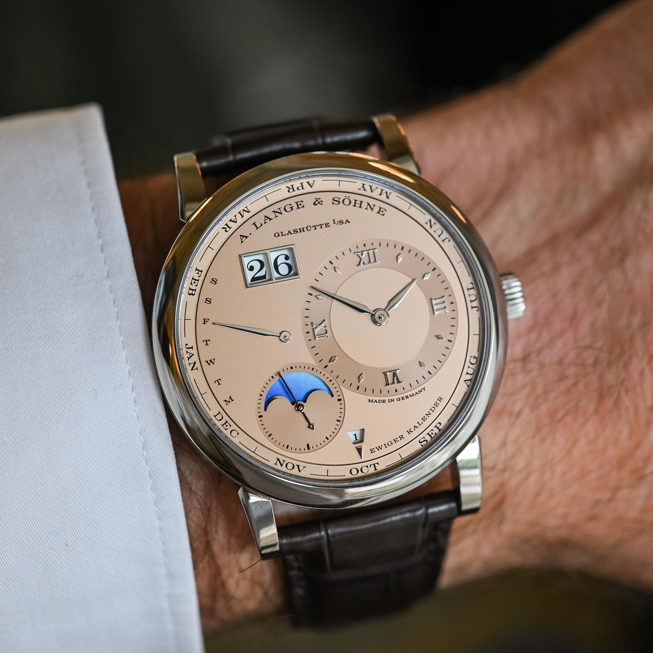 A Lange Sohne Lange 1 Perpetual Calendar White Gold Salmon Pink Gold Dial - 345.056 - review - 4 A. Lange & Söhne Lange 1 Perpetual Calendar White Gold Case Salmon Pink Gold Dial Limited Edition