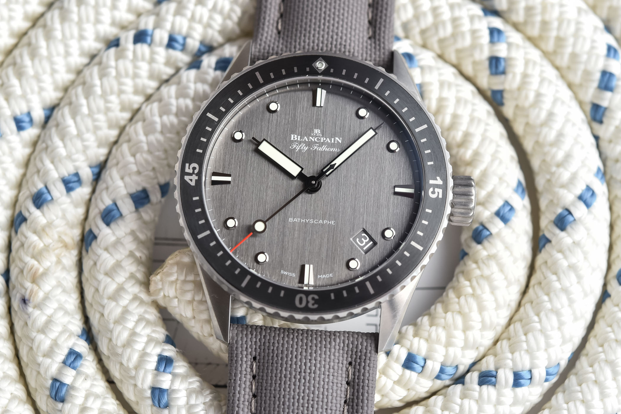 2021 Blancpain Fifty Fathoms Bathyscaphe Titanium 43mm - 5000-1210-G52A sailcloth strap - review - 5 2021 Blancpain Fifty Fathoms Bathyscaphe Titanium 43mm - 5000-1210-G52A sailcloth strap