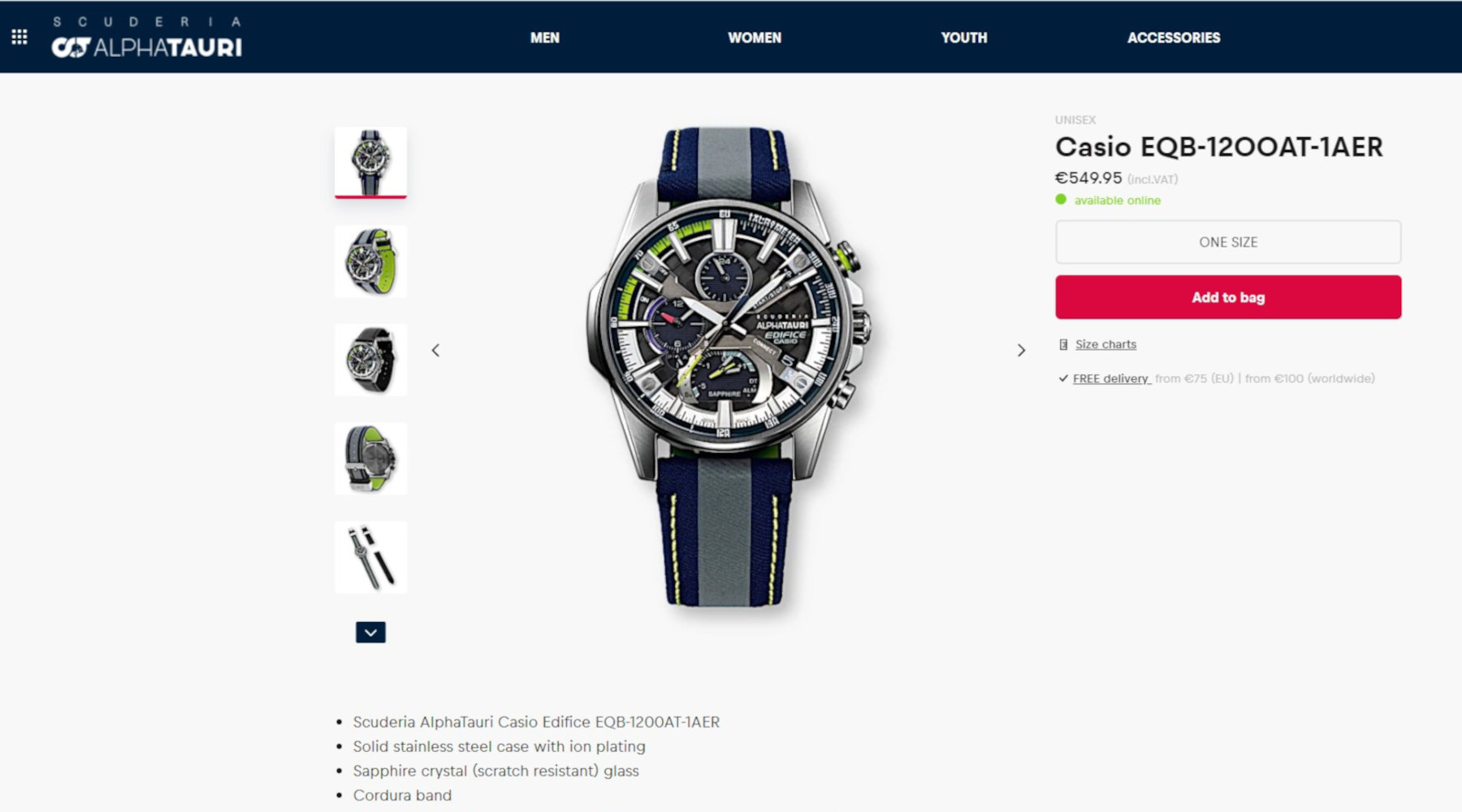 An AlphaTauri branded Casio Edifice One of the Casio Edifice models available through Scuderia AlphaTauri's fanshop.
