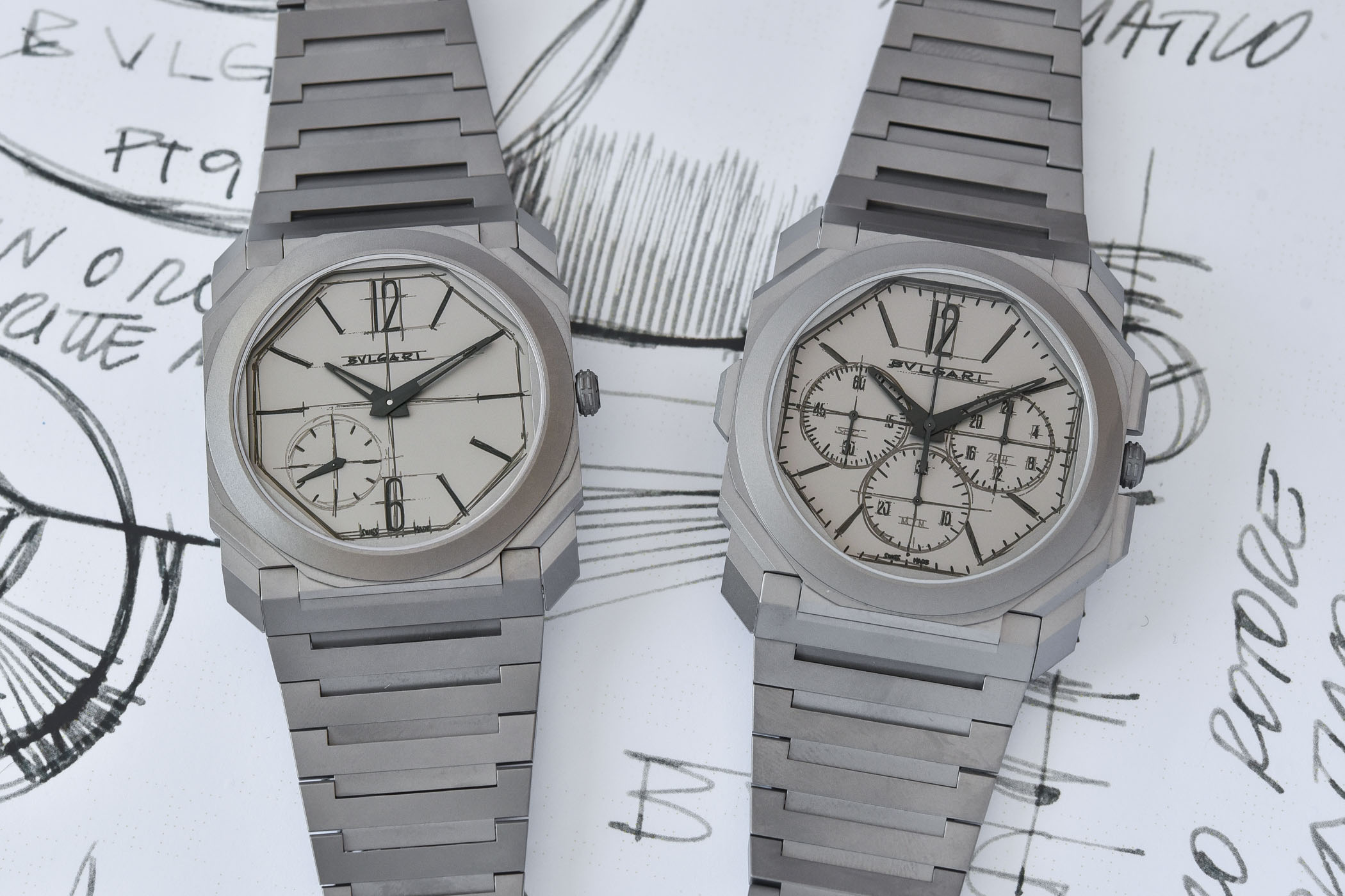 Bulgari Octo Finissimo Automatic and GMT Automatic Chronograph 10th anniversary editions sketch dials