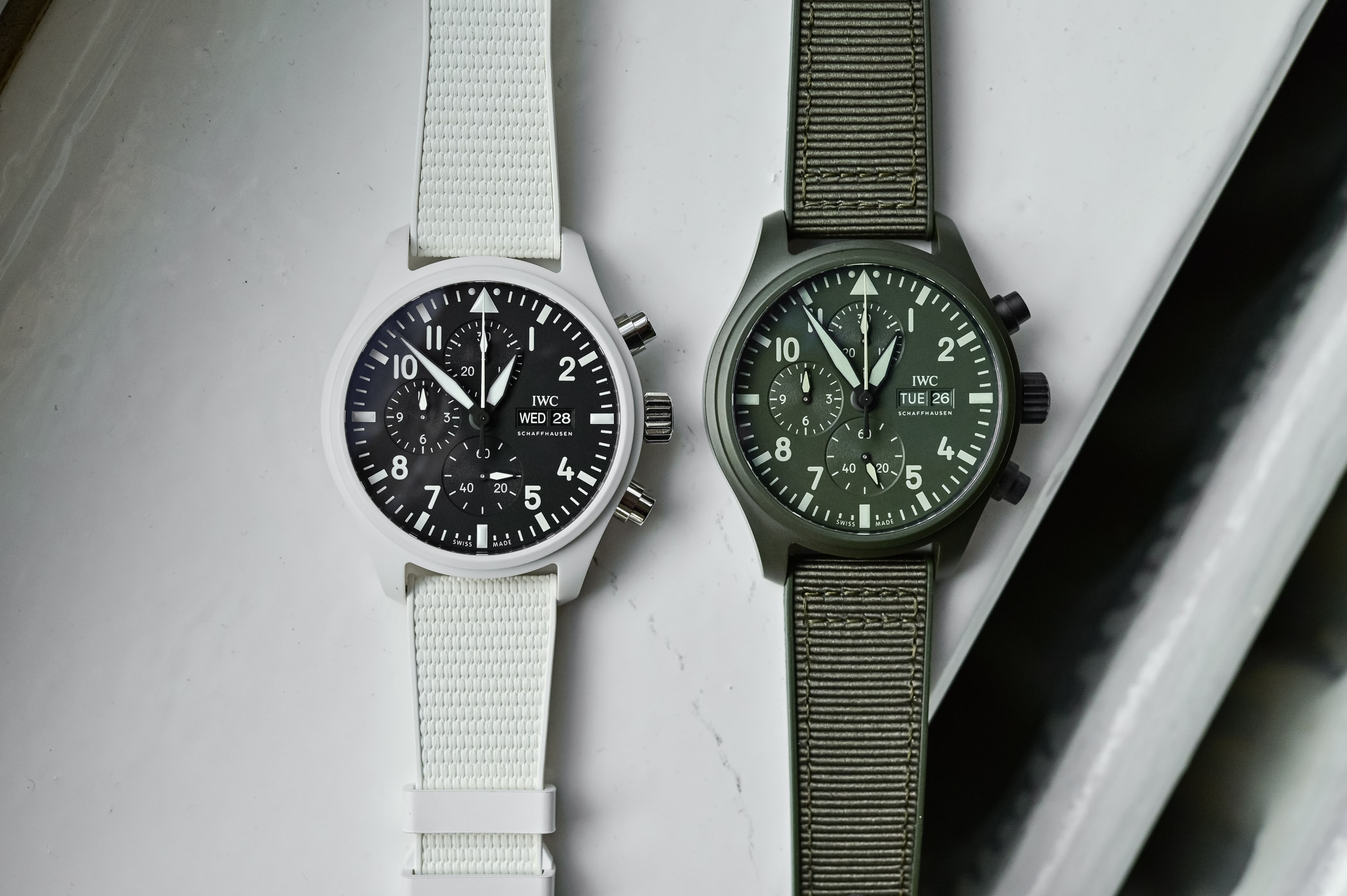 IWC Pilots Chronograph TOP GUN Lake Tahoe White Ceramic IW389105 and Woodland Green Ceramic IW389106