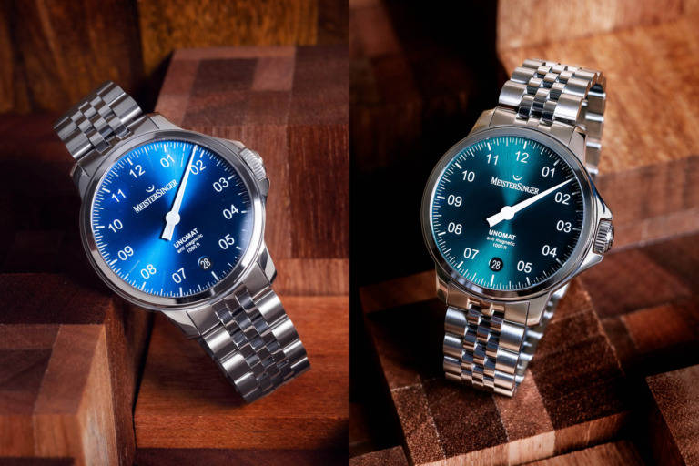 MeisterSinger Unomat mid-green and mid-blue dials 2022