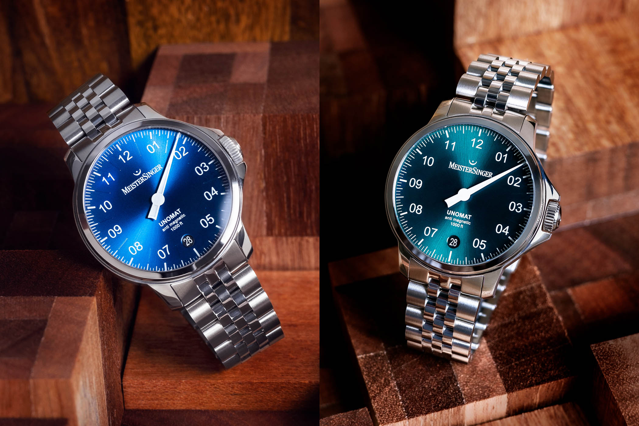 MeisterSinger Unomat mid-green and mid-blue dials 2022