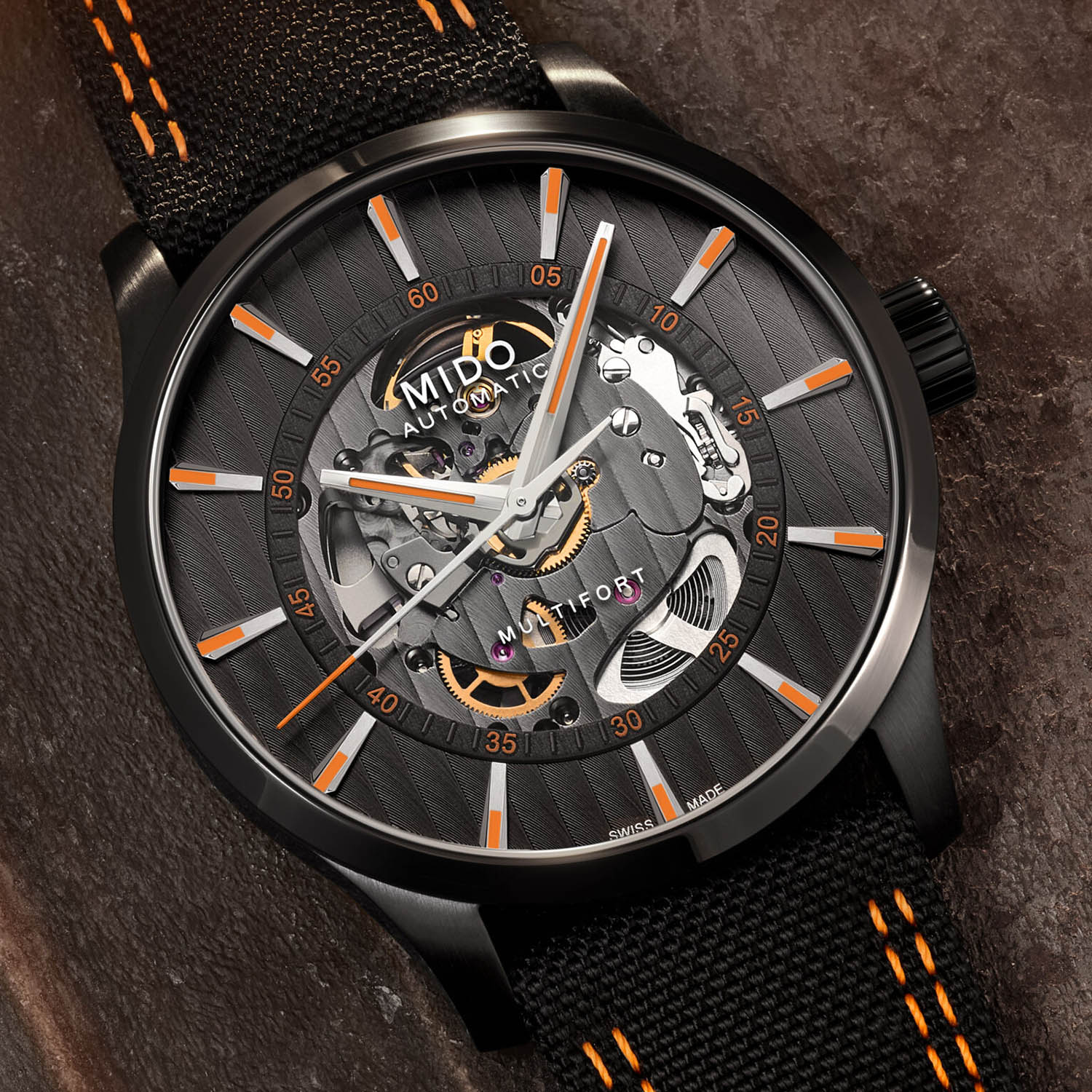 Mido Multifort Skeleton Vertigo orange-and-black M038.436.37.051.00 - 3 Mido Multifort Skeleton Vertigo