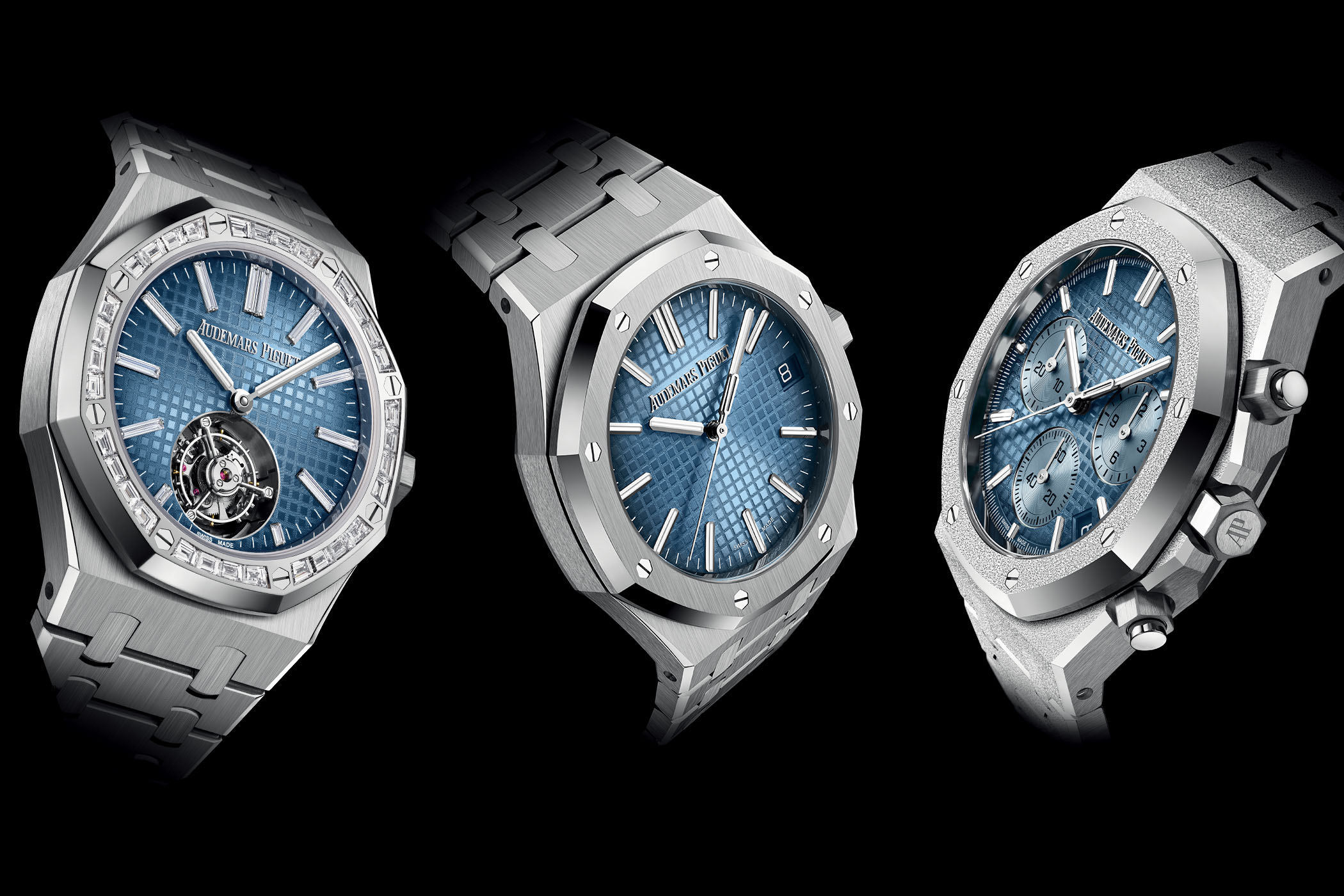 2023 three new Audemars Piguet Royal Oak White Gold Smoked Light Blue Dial - 41mm Selfwinding 41mm Frosted Chronograph 41mm Tourbillon Diamonds