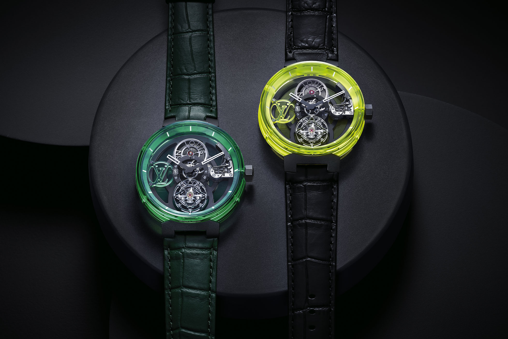 louis vuitton Tambour Moon Tourbillon Volant Poincon de Geneve - Green and Yellow Sapphire cases