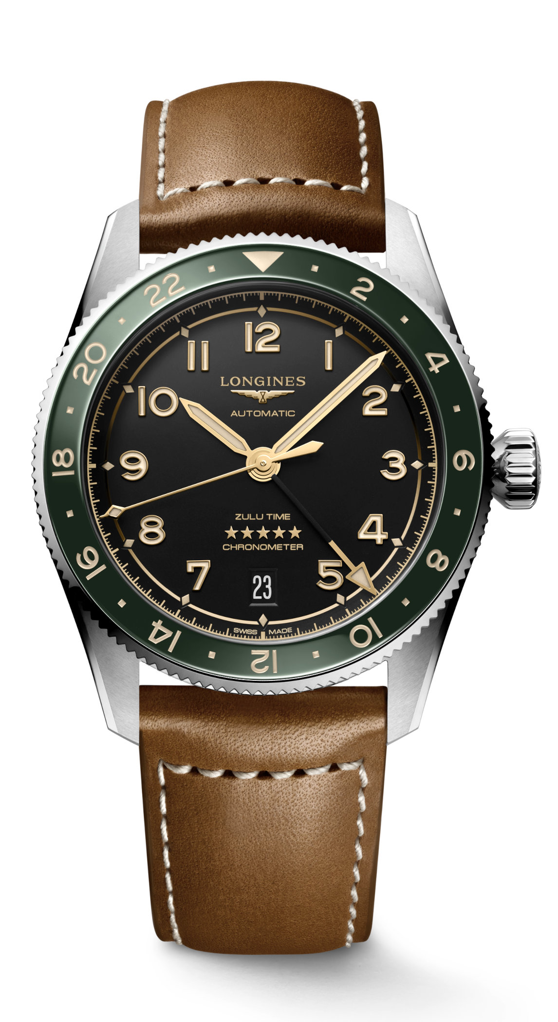 Longines Spirit Zulu Time 39mm - black dial and green bezel 1 Longines Spirit Zulu Time 39mm - black dial and green bezel 1