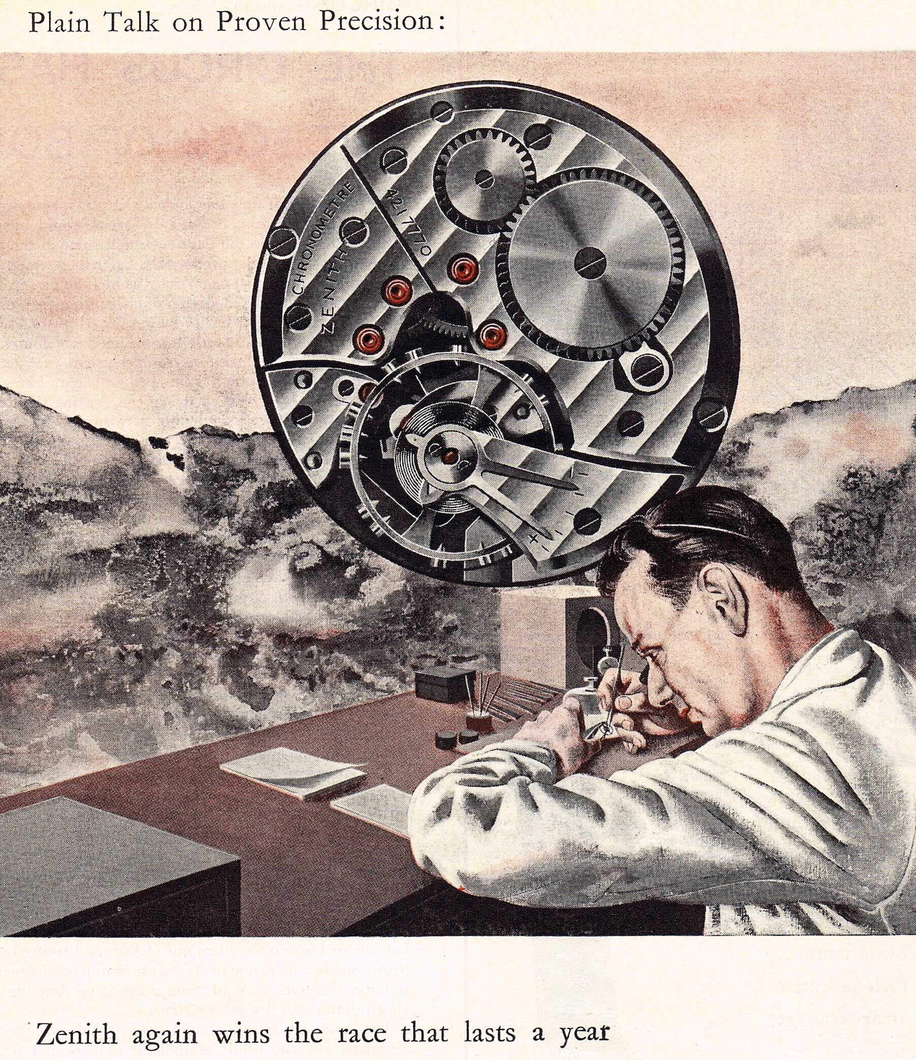 3_09_PRECISION LEGACY_1954-5_Calibre_135 Vintage Ad _Plain Proven Precision ZENITH Wins Again_feat_ Chronometrier René Gygax_