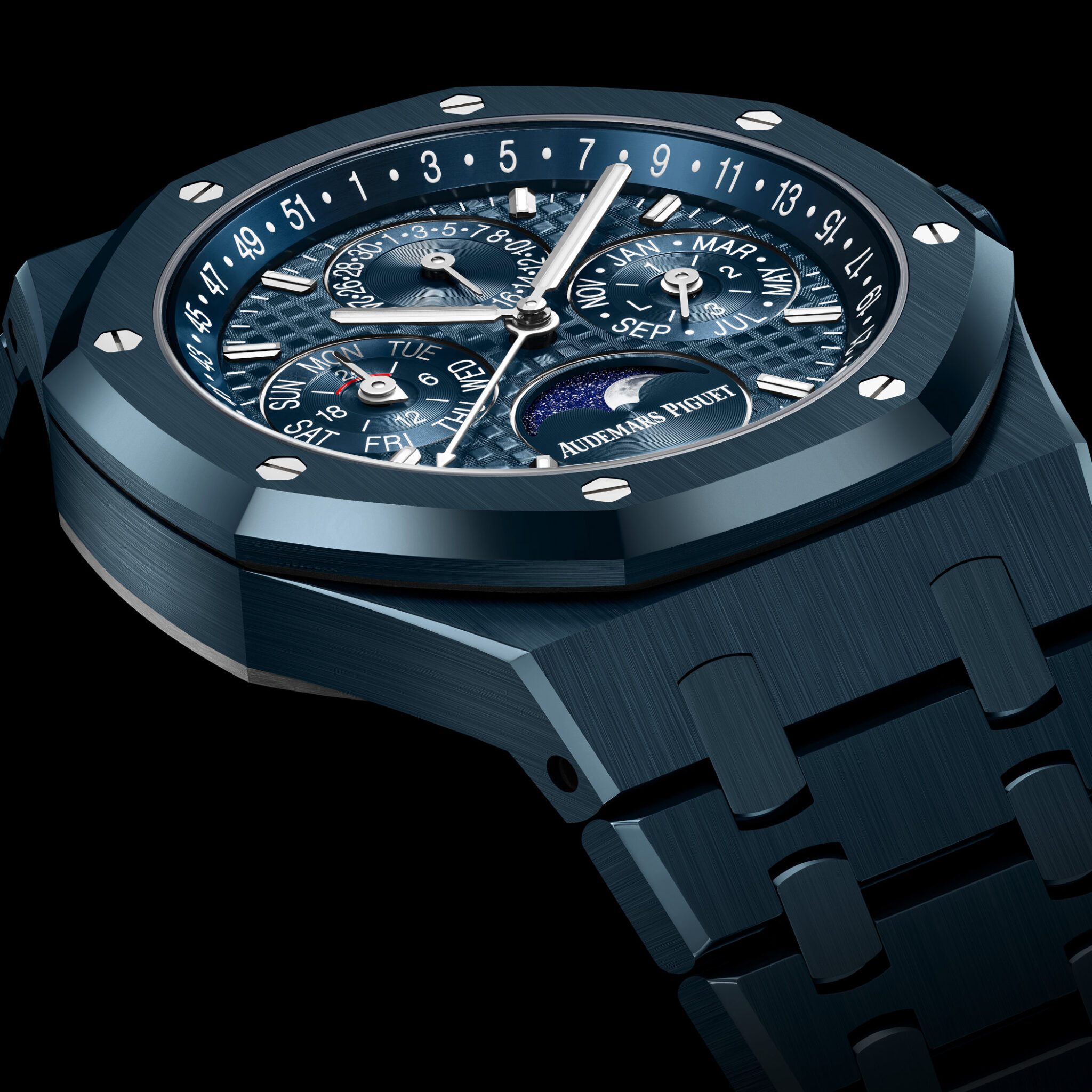 Angled close-up of the blue ceramic Royal Oak perpetual calendar from 2026