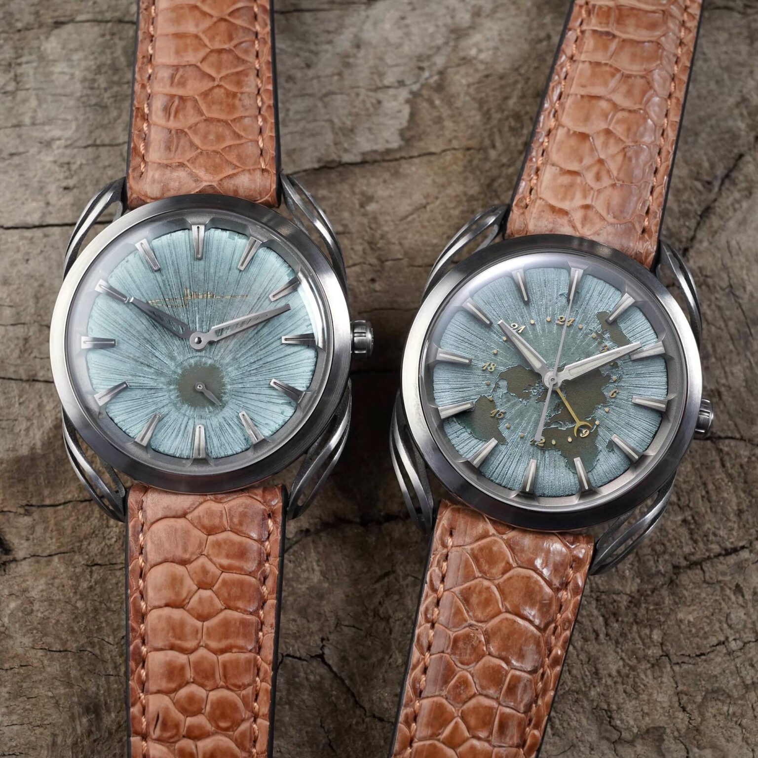 The 1.S (left) and 1.GMT (right), showing the contrasting copper dials