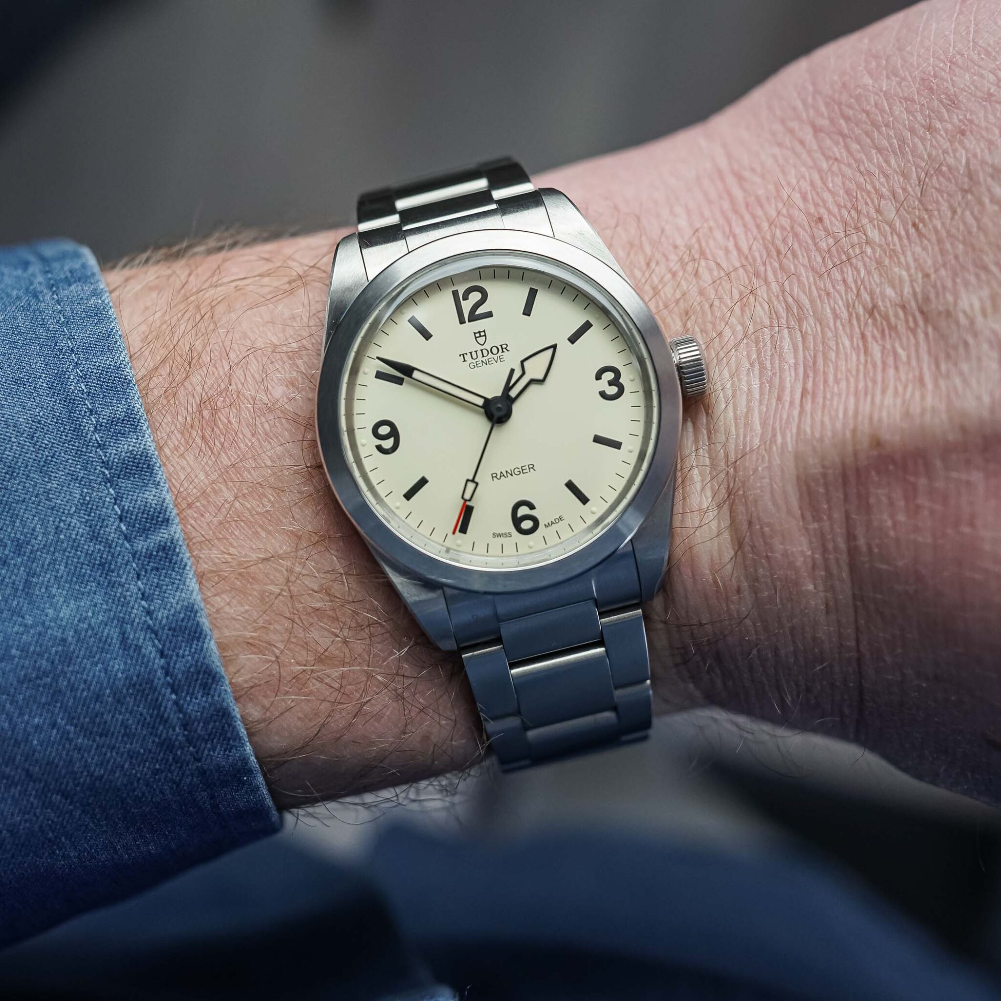 Dune White Tudor Ranger 36 worn on a wrist