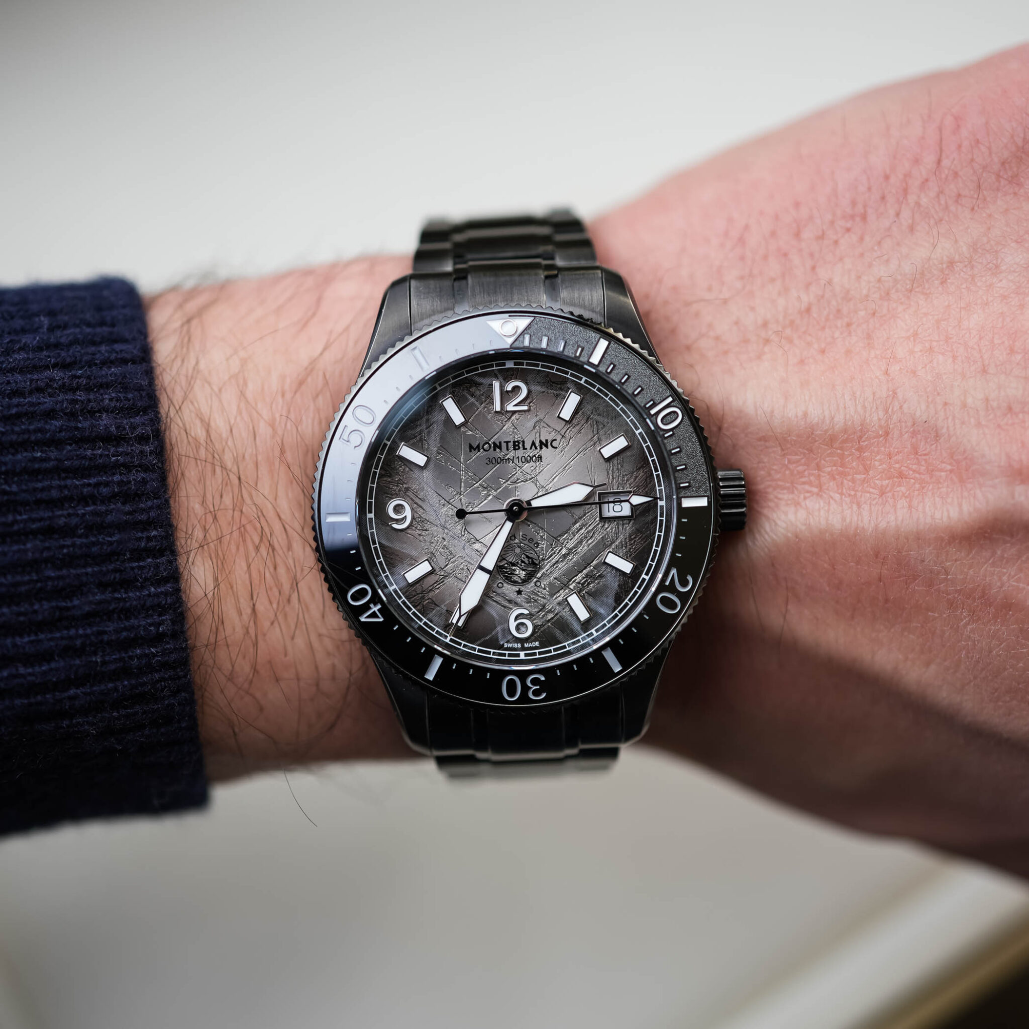 On-wrist macro of Montblanc MB137541 distressed steel 2026
