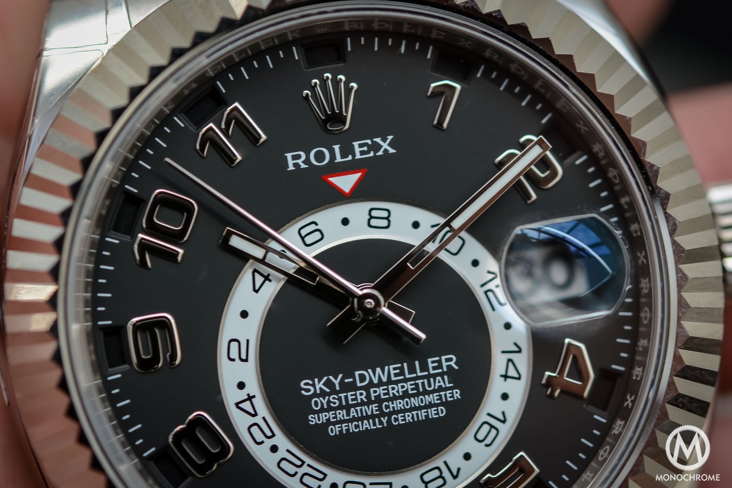 Rolex Sky-Dweller Review - display close up - white gold black dial