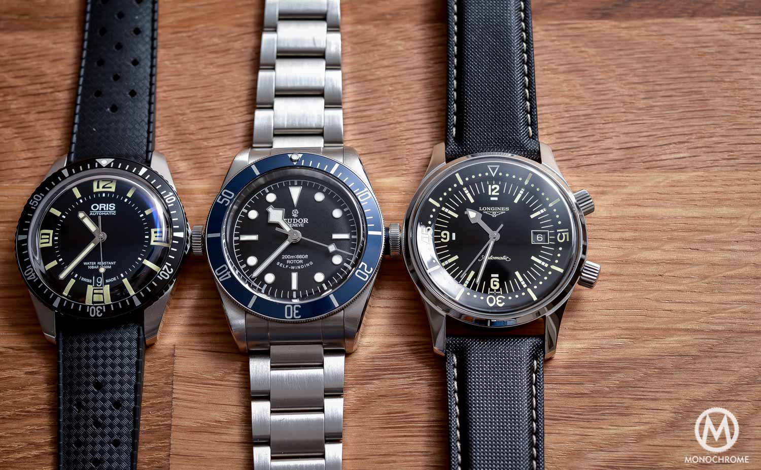 Comparative Review - 3 affordable & vintage-inspired dive watches - Tudor Black Bay - Oris Divers Sixty Five - Longines Legend Diver - 3