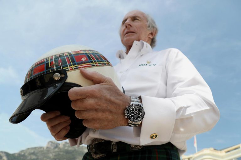Sir Jackie Stewart wearing his new Rolex Daytona