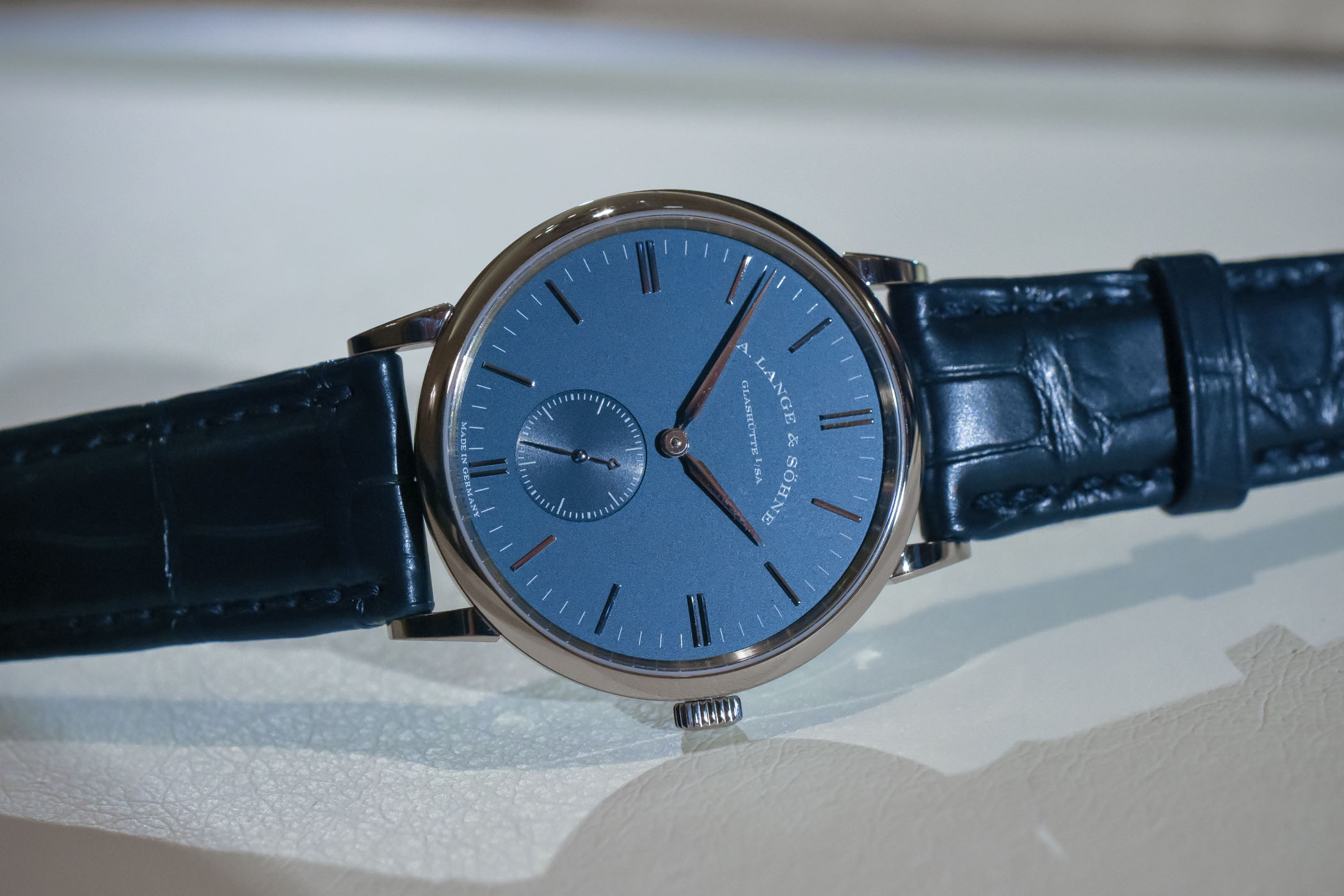 A. Lange and Sohne Saxonia handwound blue dial 219.028