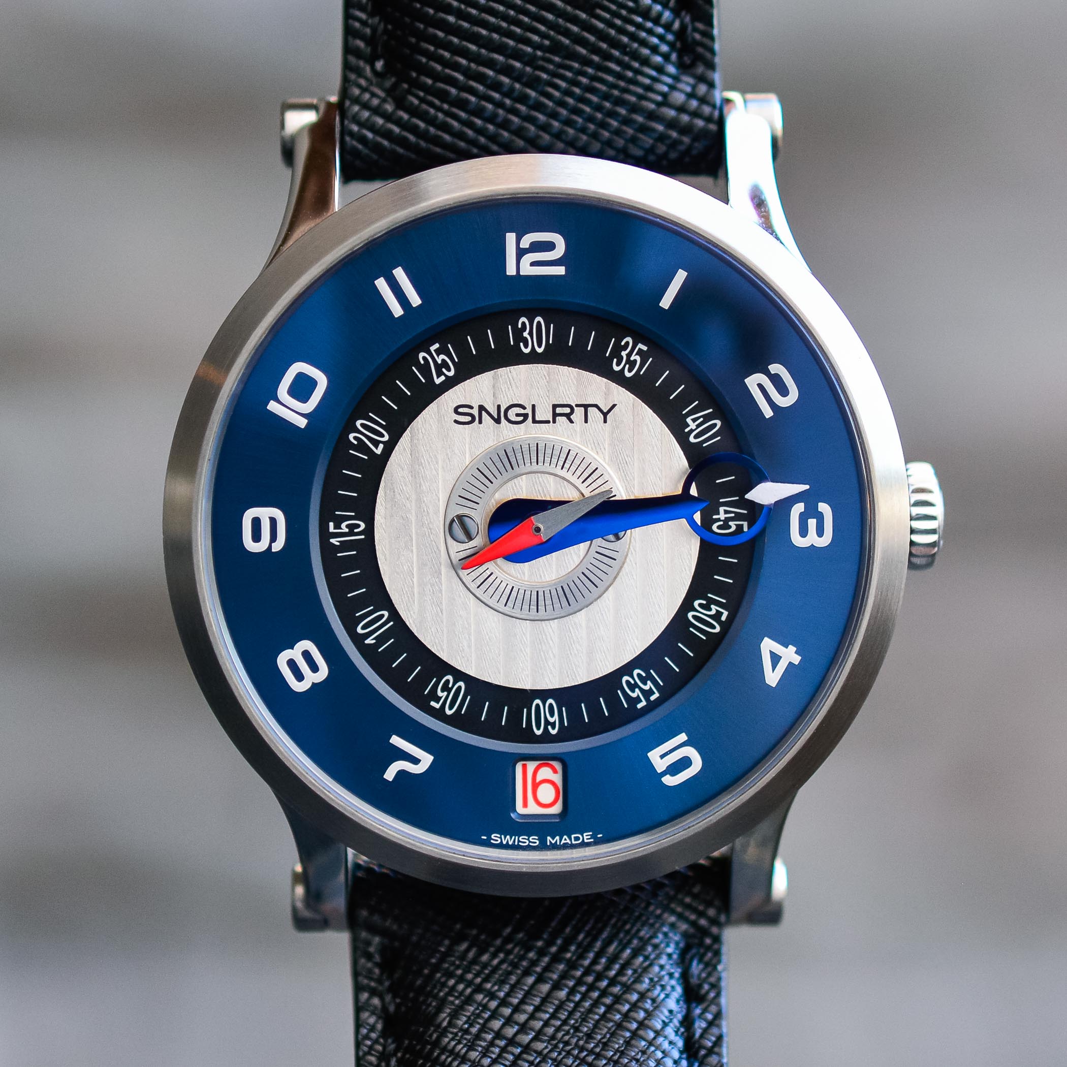 SNGLRTY Blue Steel OHI-4 patented display watch independent watchmaking