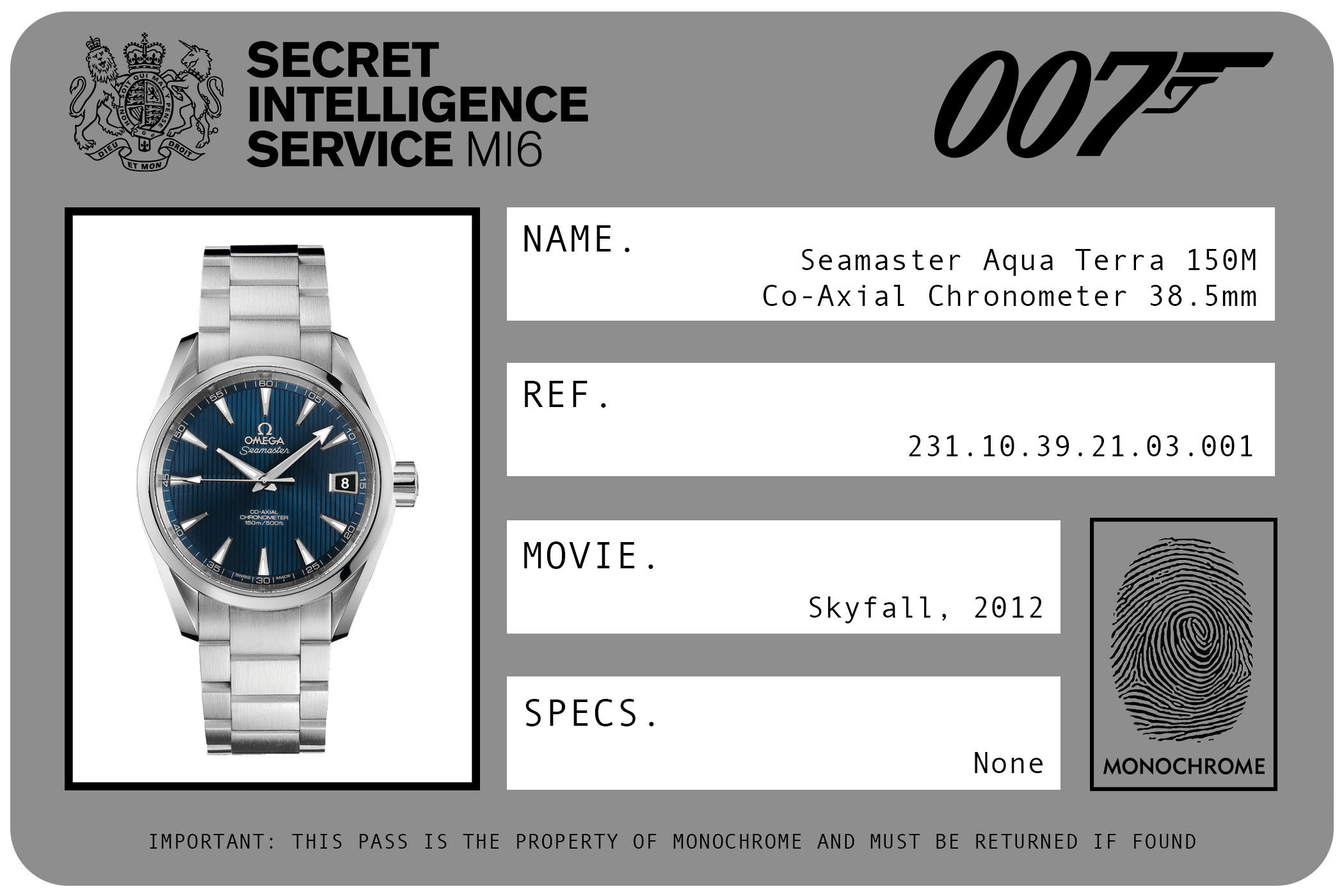 Omega Seamaster Aqua Terra 150M Co-Axial Chronometer 38.5mm 231.10.39.21.03.001 James Bond Skyfall ID Card 2012
