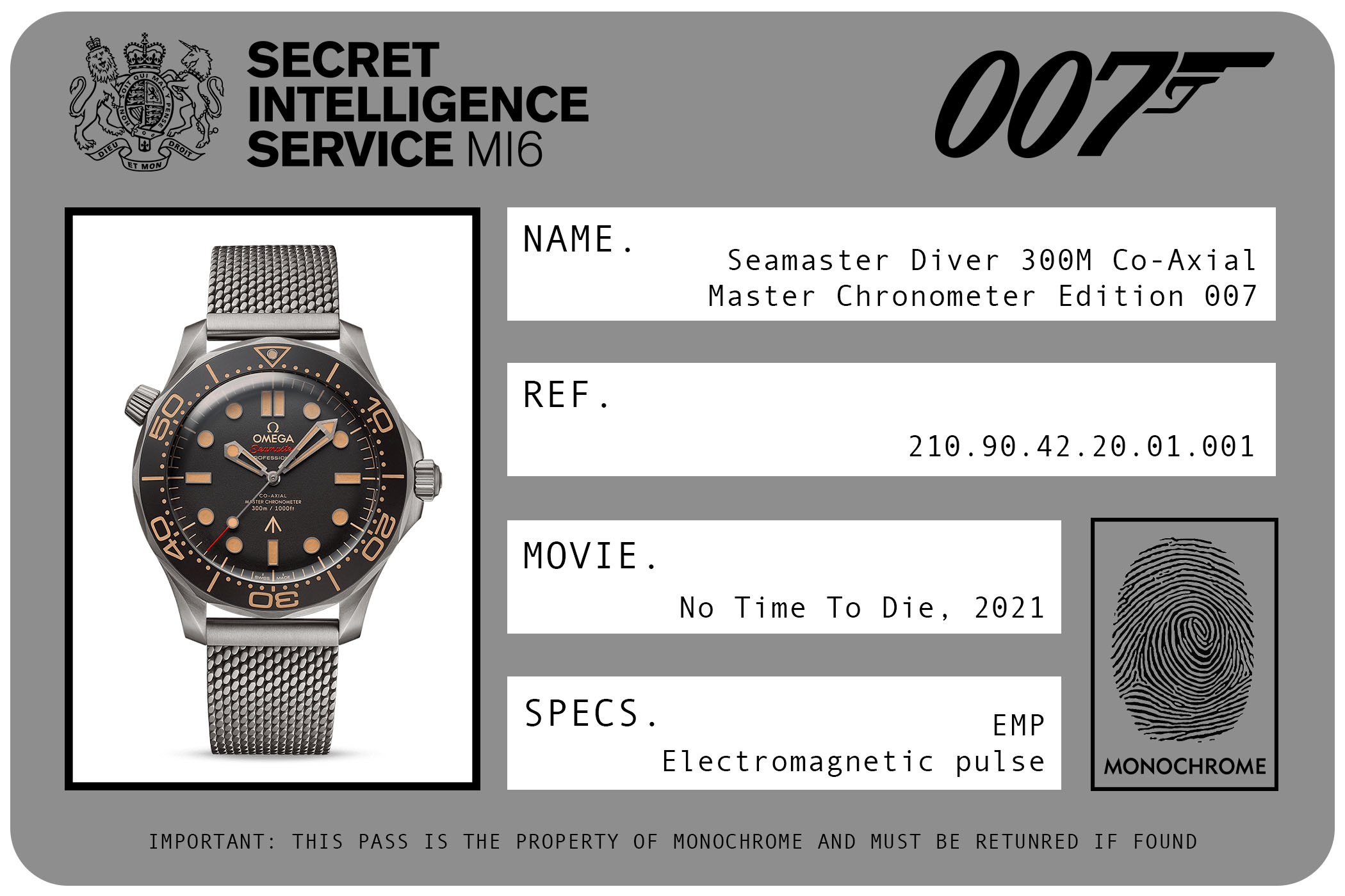2021 - Omega Seamaster Diver 300M Co-Axial Master-Chronometer Edition 007 Titanium 210.90.42.20.01.001 James Bond No Time To Die ID Card