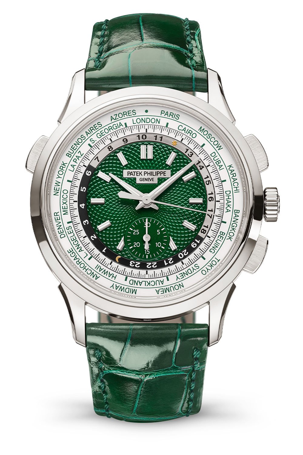 Patek Philippe Self-winding World Time flyback chronograph 5930P-001 platinum green dial