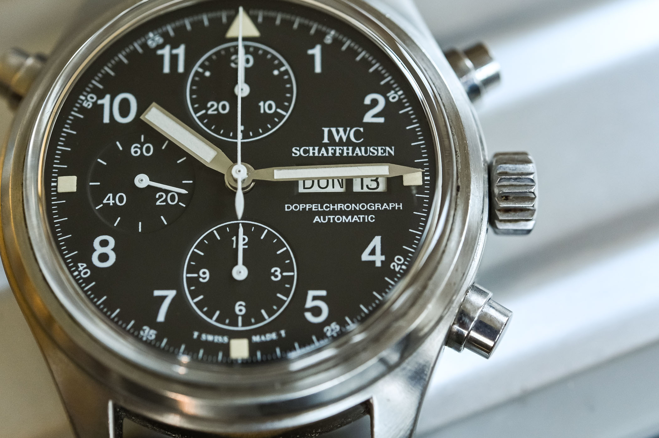 IWC Doppelchronograph 3711 Pilot Watch dial detail