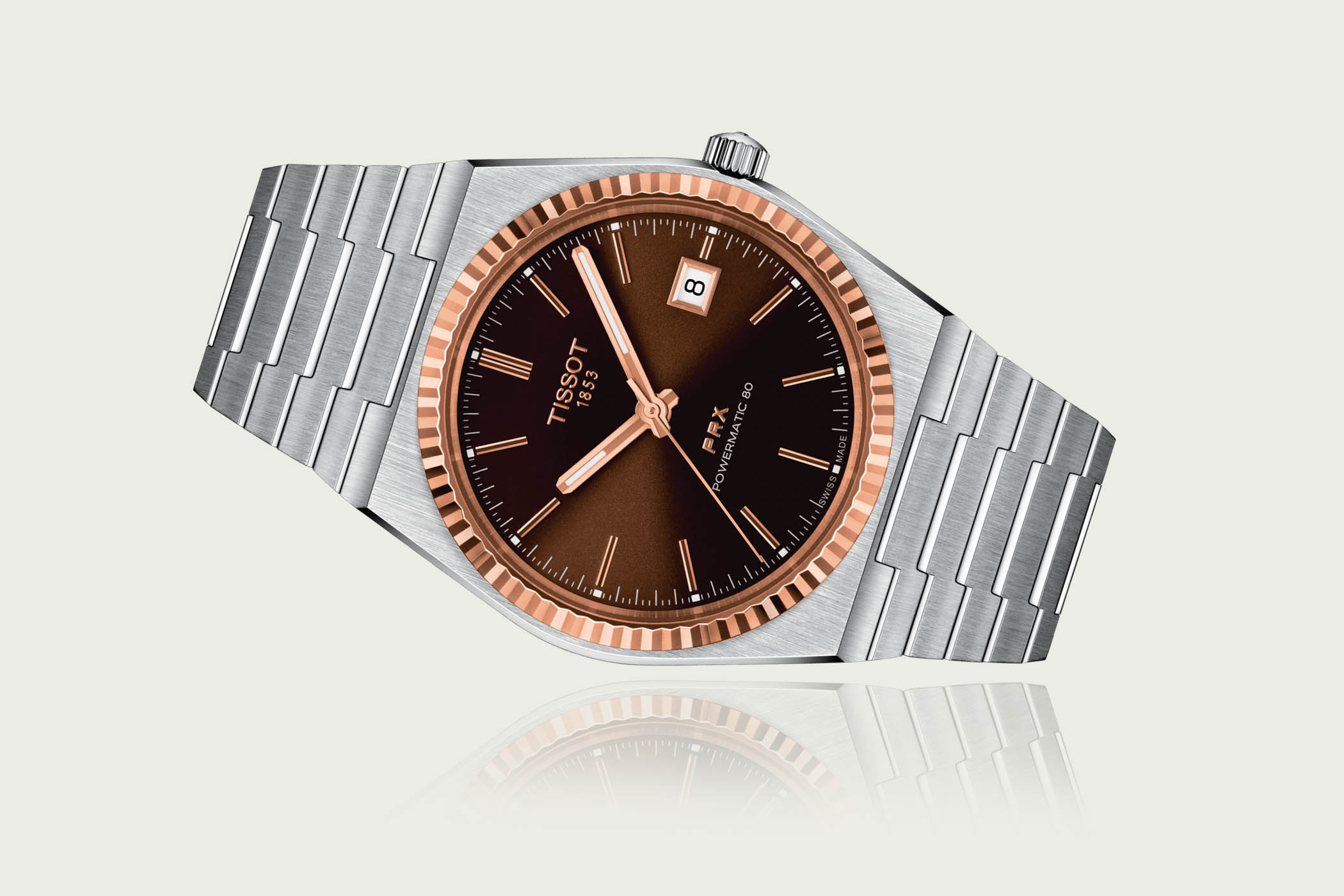 Tissot PRX Powermatic 80 Steel and Gold Fluted Bezel Brown Dial - T931.407.41.291.00