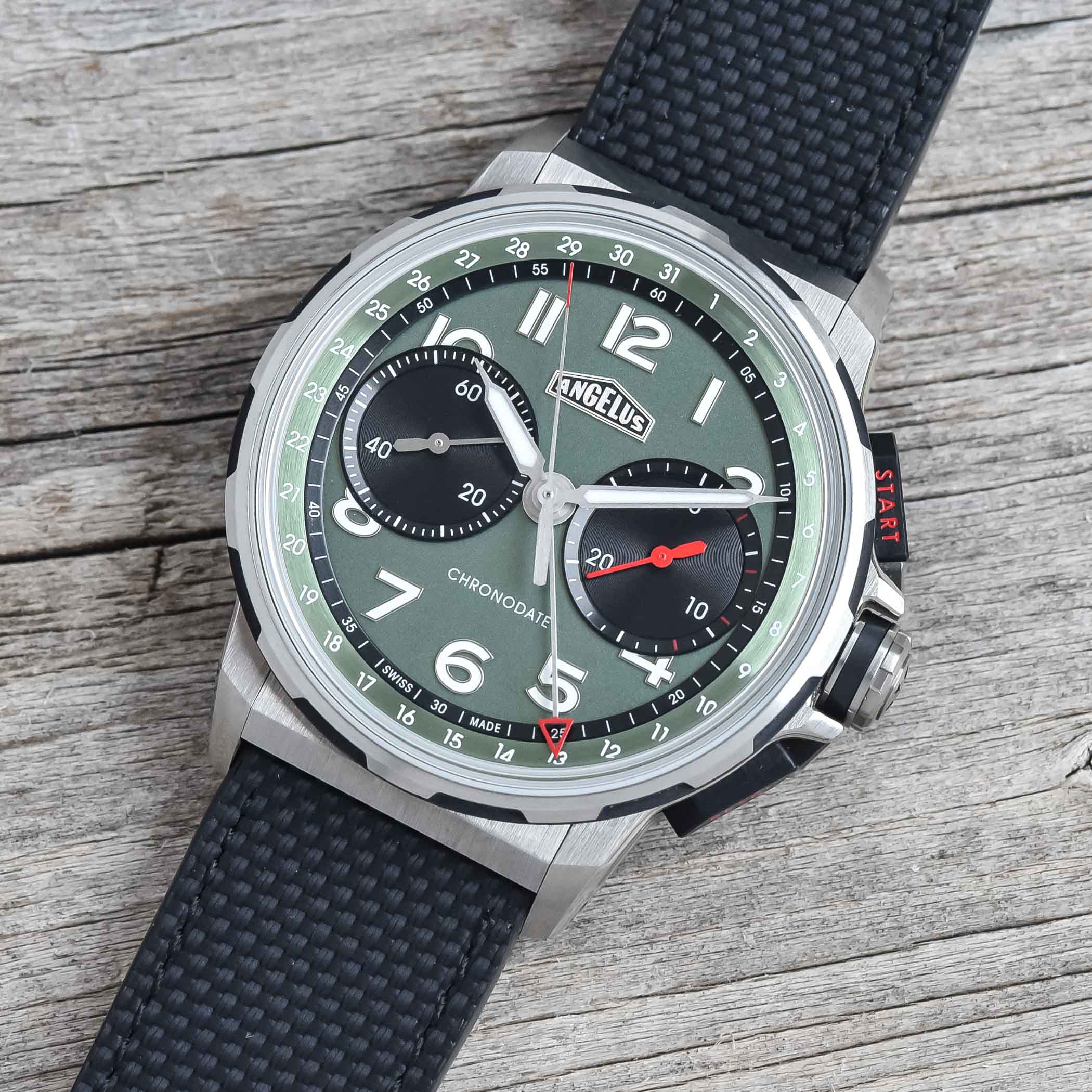 NEw Editions Angelus Chronodate - titanium bracelet fern green dial - video review - 6