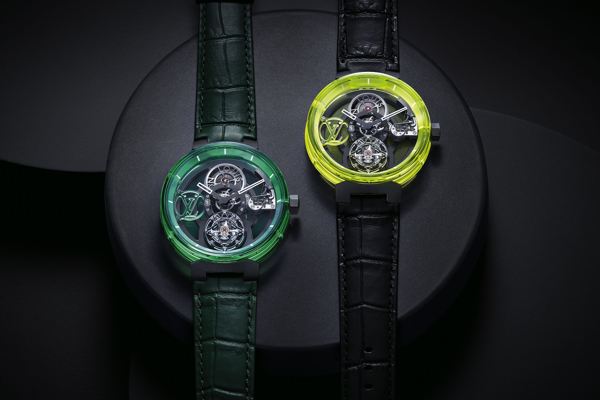 Elevate Your Style Game with the Stunning Green & Yellow Sapphire Louis Vuitton Tambour Moon Tourbillon Volant