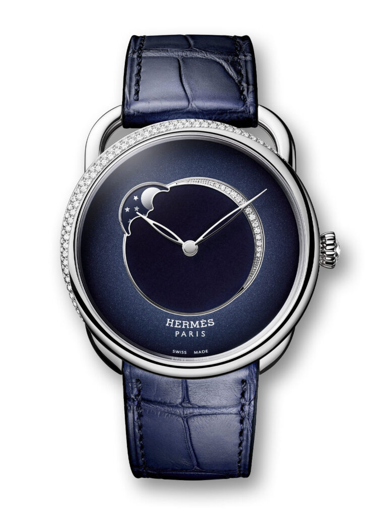 Large Arceau Petite Lune 38mm Watch in Shiny Red Alligator Single Tour Strap